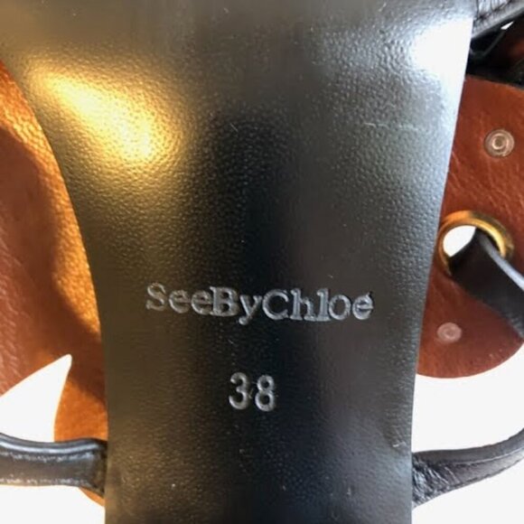 New SEE BY CHLOE Haya Black Leather Floral Stud Block-Heel Sandal SZ 7 MSRP $335 - Picture 5 of 8